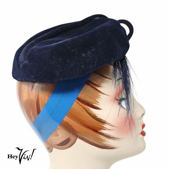Vintage 40s 50s Tilt Hat Original by Dajon Blue Velvet w Feathers - Hey Viv - Picture 3 of 7